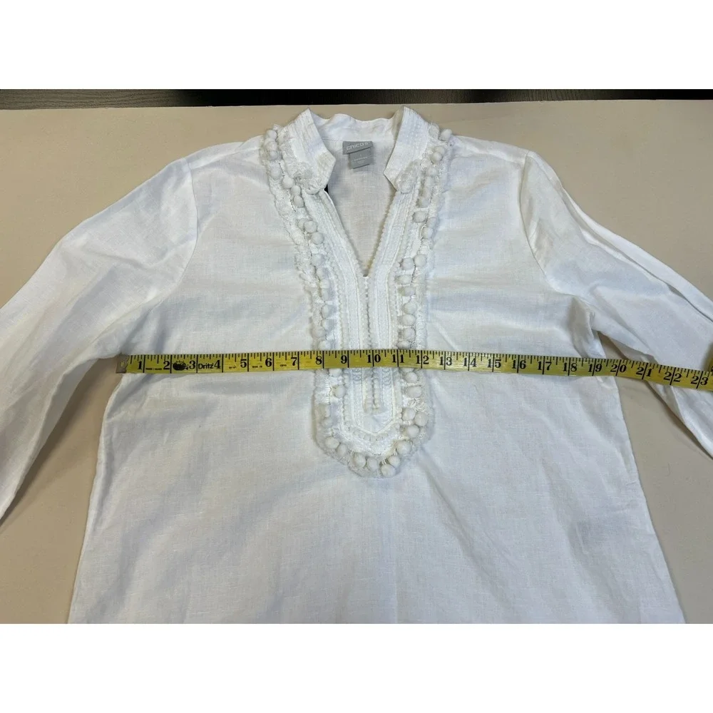 Chico's SZ 1 White Linen Tunic Top Pompom + Fringe Accented‎ V-Neck 3/4 Sleeves